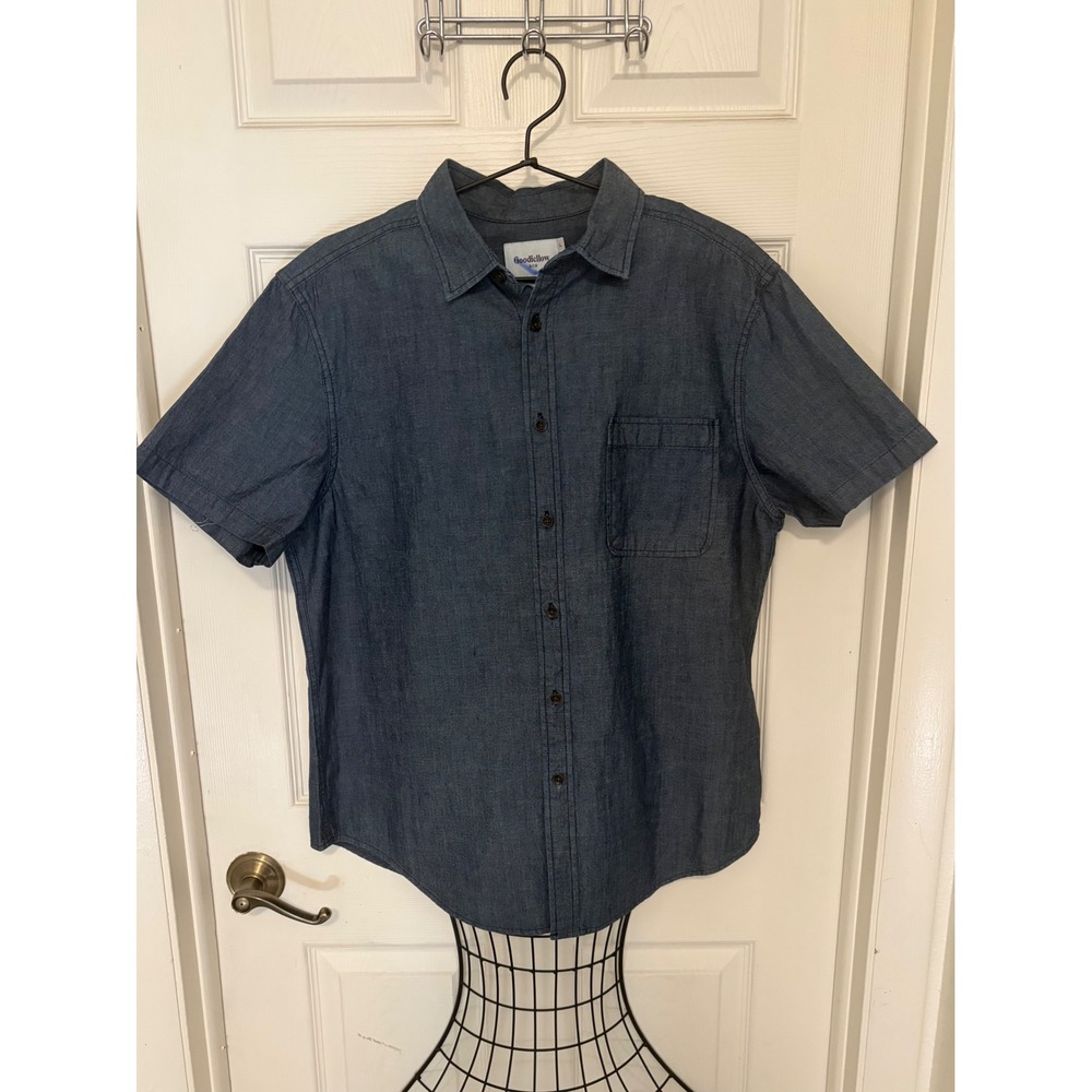 Goodfellow & Co Mens Blue Chambray Short Sleeve Button Down Shirt Large Cotton